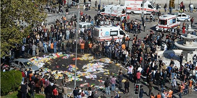 10 تشرين الأول/ أكتوبر انفجار إرهابي في العاصمة التركية &quot;أنقرة&quot;، وصف بأنه أكبر انفجار إرهابي في تاريخ تركيا، راح ضحيته 109 أشخاص، وجرح المئات.